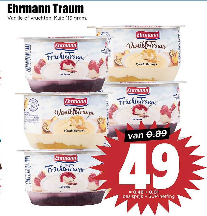 Ehrmann Traum Vanille of vruchten. Kuip 115 gram.