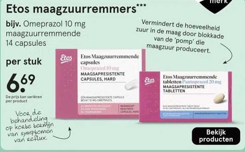 Etos maagsupplementen, bijv. Omeprazol 10 mg maagsapremmende 14 capsules