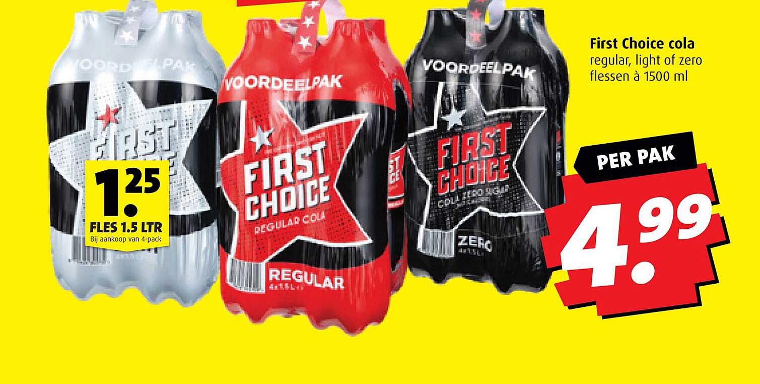 First Choice cola regular, light of zero flessen à 1500 ml