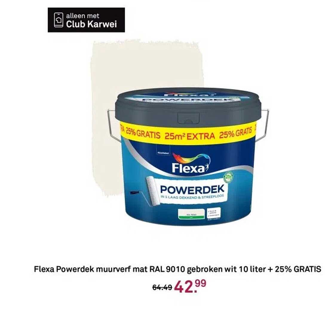 Flexa Powerdek muurverf mat RAL 9010 gebroken wit 10 liter + 25% GRATIS