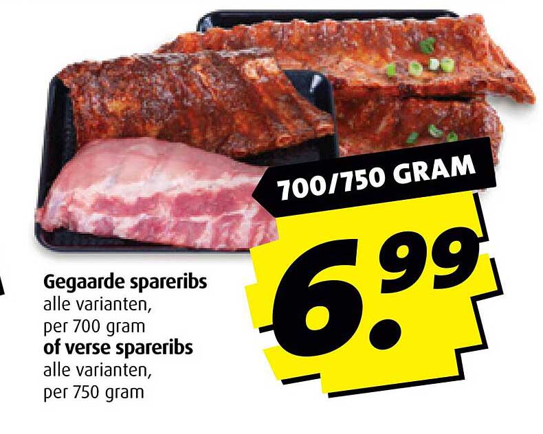 Gegaarde spareribs alle varianten, per 700 gram of verse spareribs alle varianten, per 750 gram