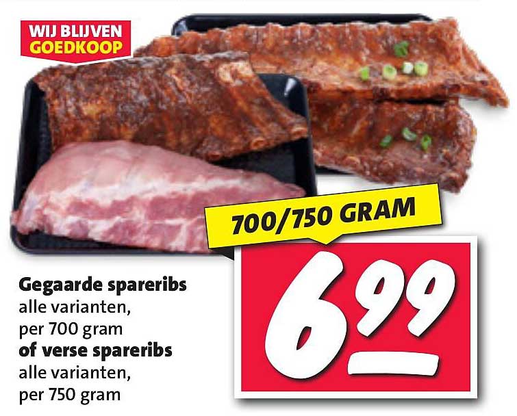 Gegaarde spareribs alle varianten, per 700 gram of verse spareribs alle varianten, per 750 gram