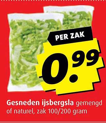 Gesneden ijsbergsla gemengd of naturel, zak 100/200 gram