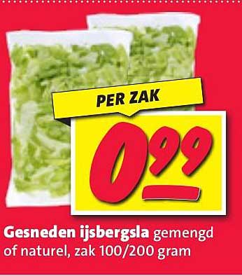Gesneden ijsbergsla gemengd of natuur, zak 100/200 gram
