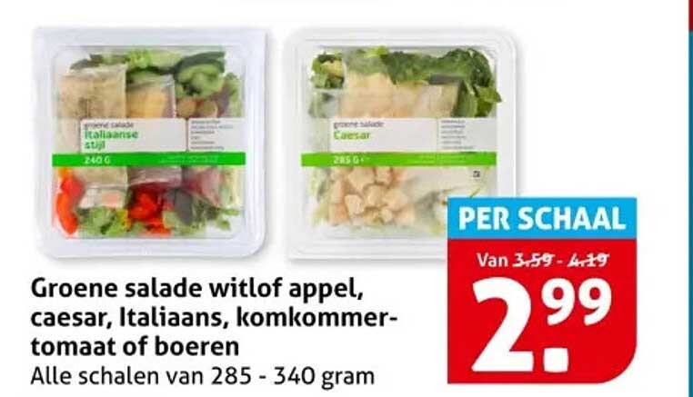 Groene salade witlof appel, caesar, Italiaans, komkommer-tomaat of boeren