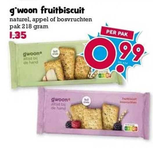 g'woon fruitbiscuit natuur, appel of bosvruchten pak 218 gram