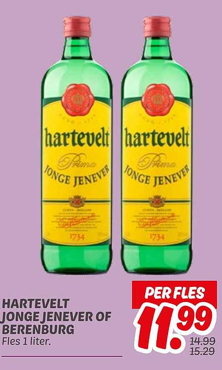 HARTEVELT JONGE JENEVER OF BERENBURG Fles 1 liter.