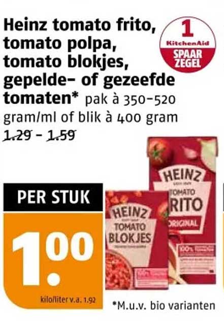Heinz tomaten frito, tomaten polpa, tomaten blokjes, gepelde- of gezeefde tomaten* pak à 350-520 gram/ml blik à 400 gram