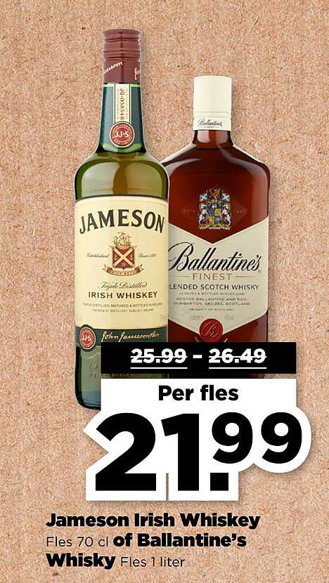 Jameson Irish Whiskey Fles 70 cl of Ballantine's Whisky Fles 1 liter