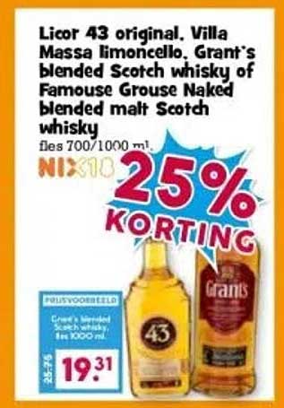 Licor 43 original, Villa Massa limoncello, Grant's blended Scotch whisky of Famous Grouse Naked blended malt Scotch whisky