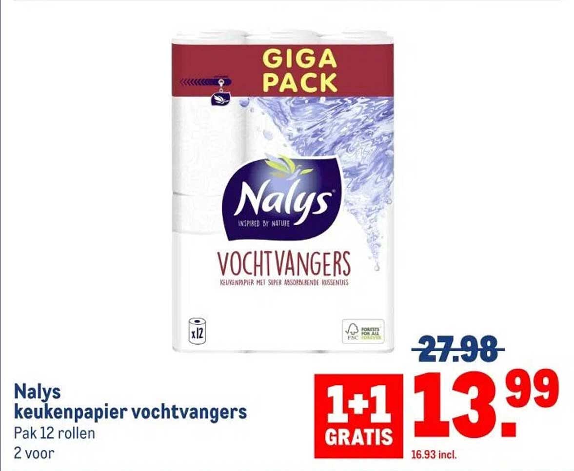 Nalys keukenpapier vochtschvangers Pak 12 rollen 2 voor