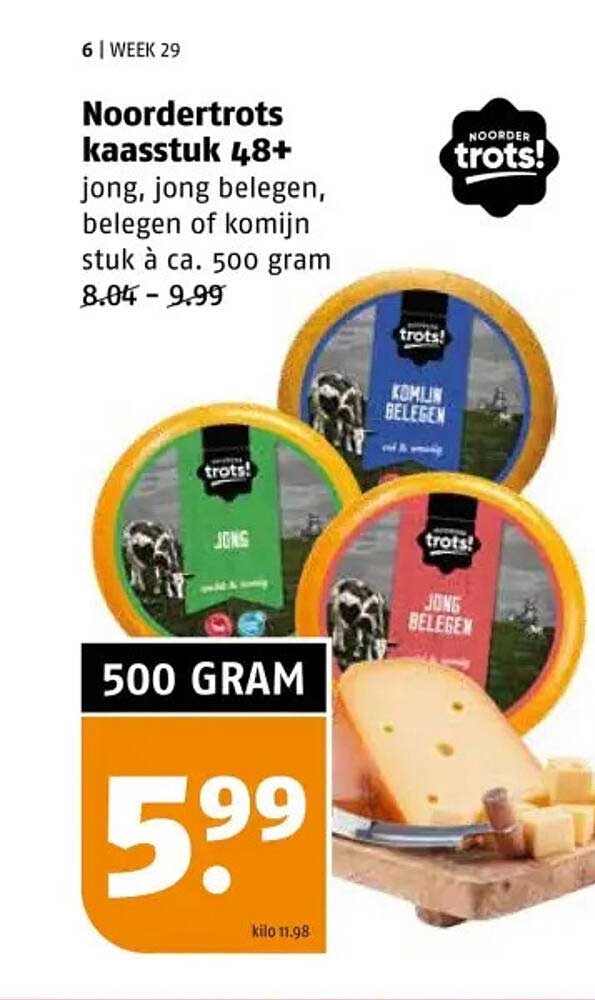Noordertrots kaasstuk 48+ jong, jong belegen, beleggen of komijn stuk à ca. 500 gram