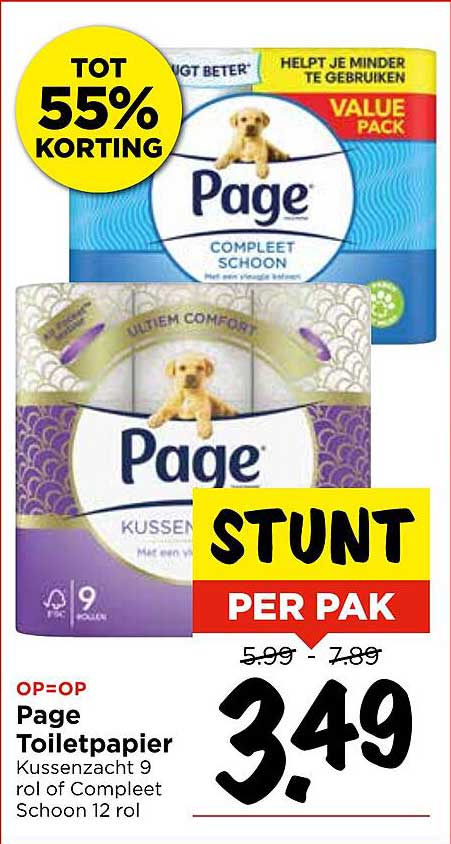 Page Toiletpapier Kussenachtig 9 rol of Compleet Schoon 12 rol
