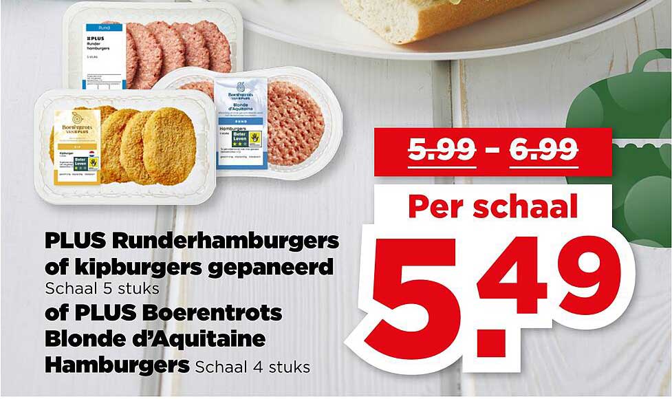 PLUS Runderhamburgers of kipburgers gepaneerd Schaalt 5 stuks of PLUS Boerentrots Blonde d'Aquitaine Hamburgers Schaalt 4 stuks