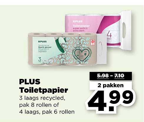 PLUS Toiletpapier 3 laags recycled, pak 8 rollen of 4 laags, pak 6 rollen