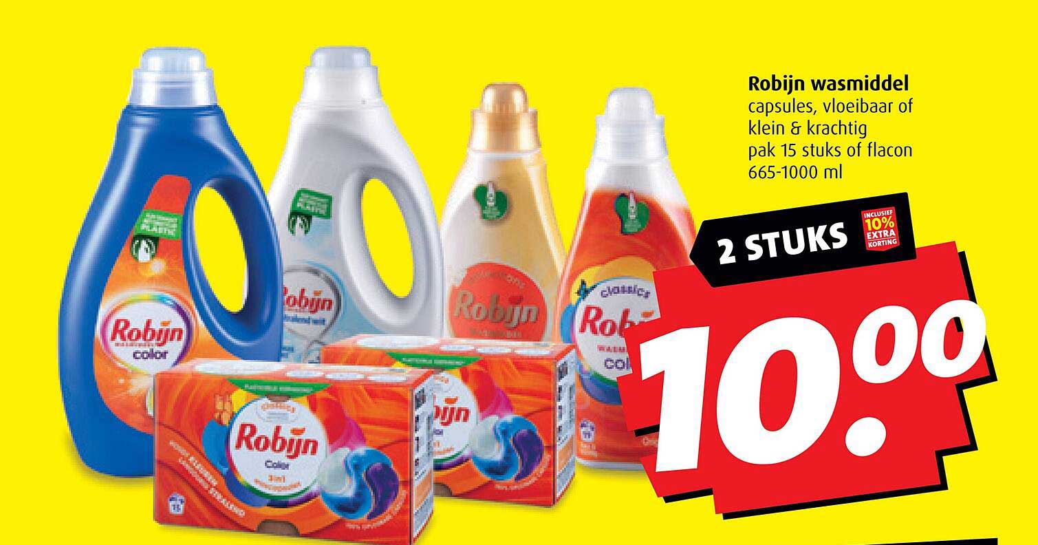 Robijn wasmiddel capsules, vloeibaar of klein & krachtig pak 15 stuks of flacon 665-1000 ml