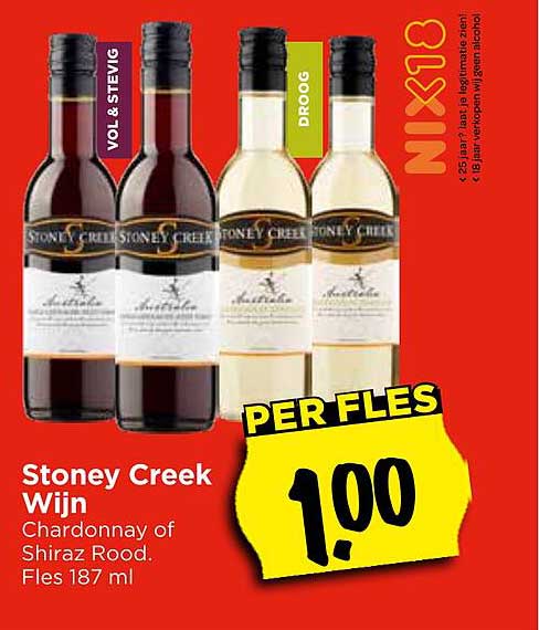 Stoney Creek Wijn Chardonnay of Shiraz Rood. Fles 187 ml
