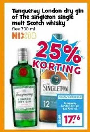 Tanqueray London dry gin of The singleton single malt Scotch whisky fles 700 ml.