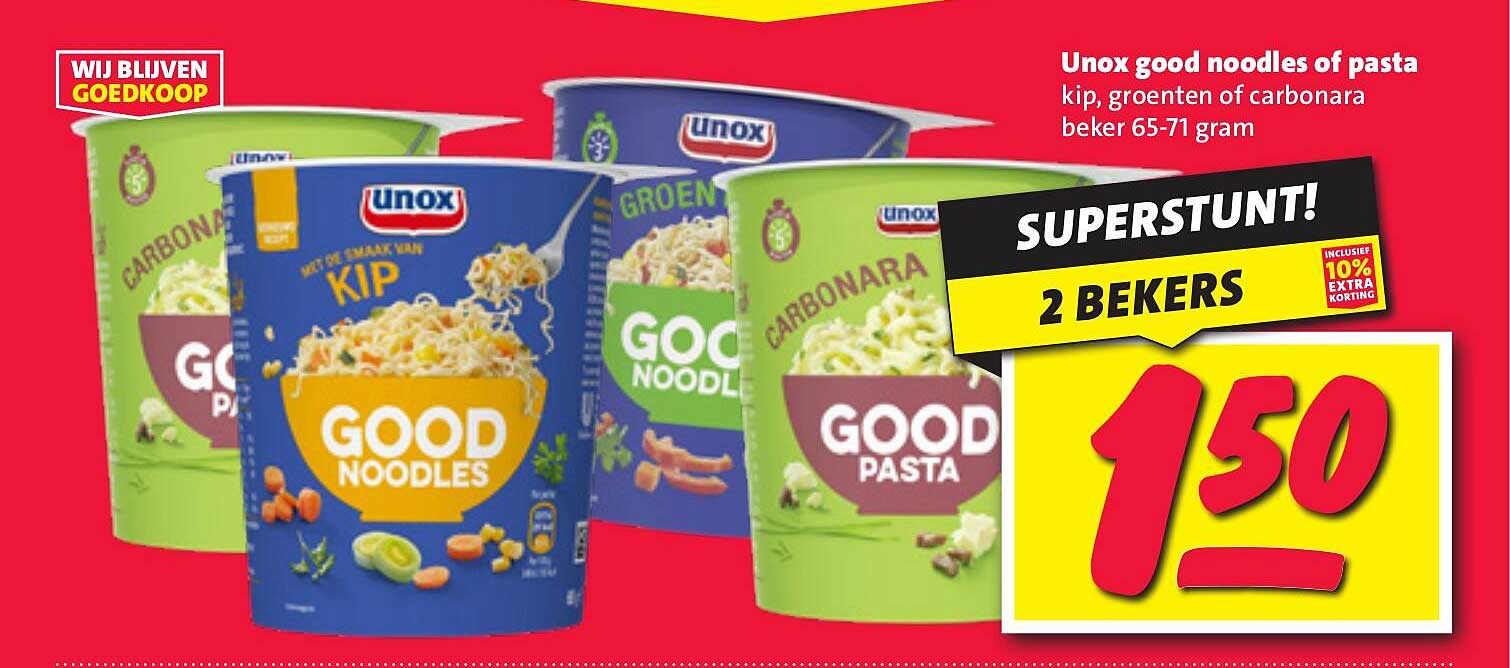 Unox good noodles of pasta kip, groenten of carbonara beker 65-71 gram
