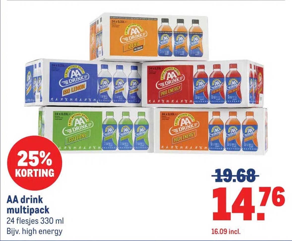 AA drink multipack 24 flesjes 330 ml Bijv. high energy 25% korting