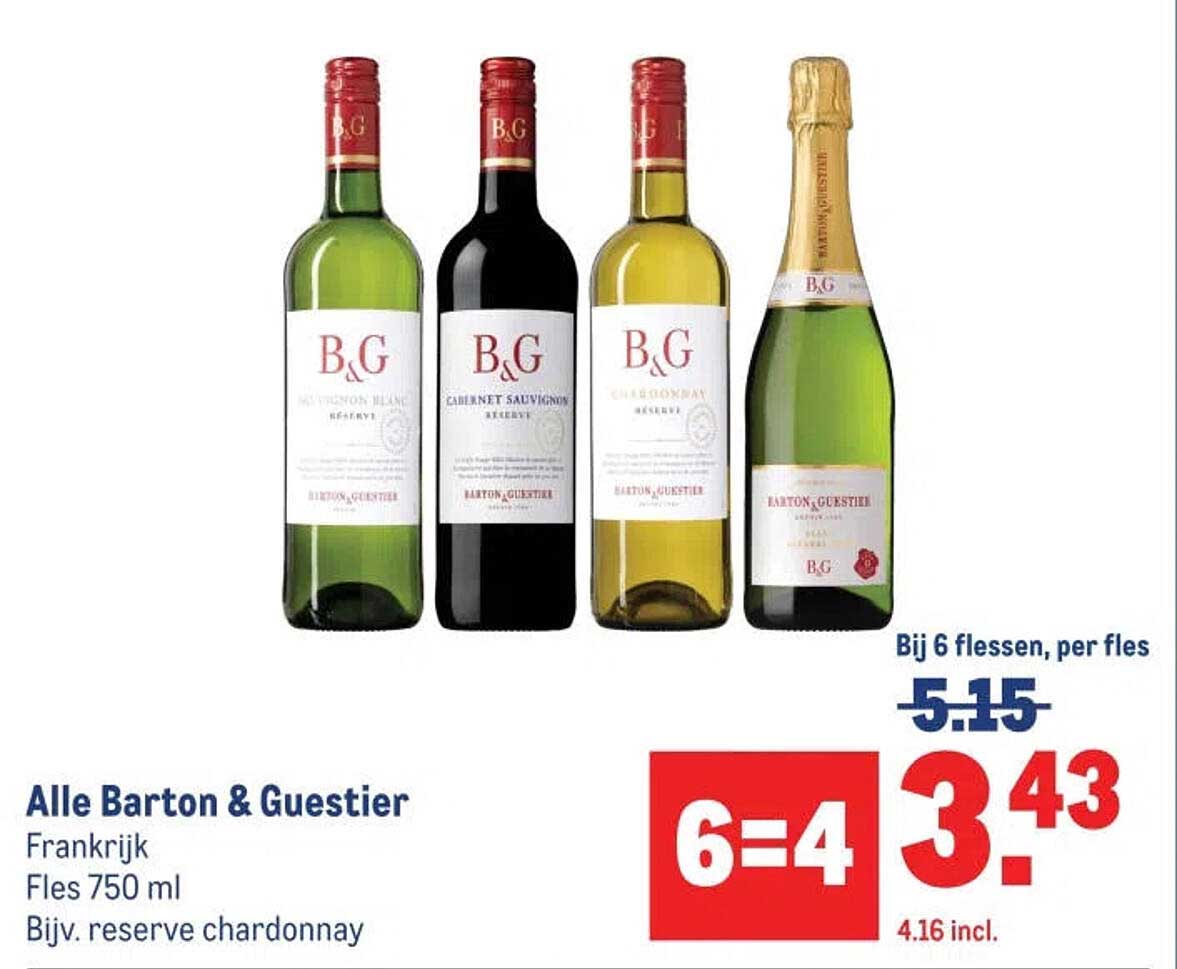 Alle Barton & Guestier Frankrijk Fles 750 ml Bijv. reserve chardonnay 6=4