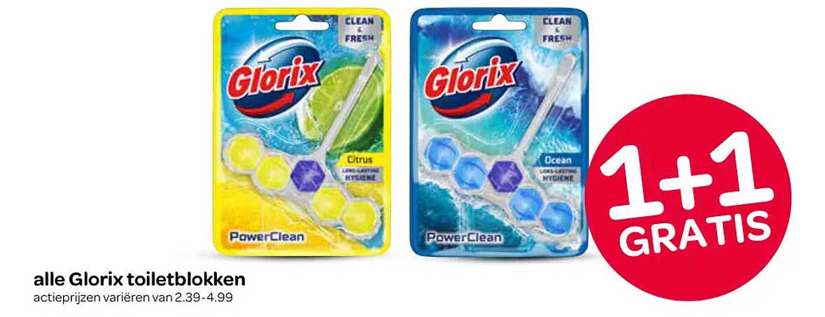 alle Glorix toiletblokken 1+1 gratis