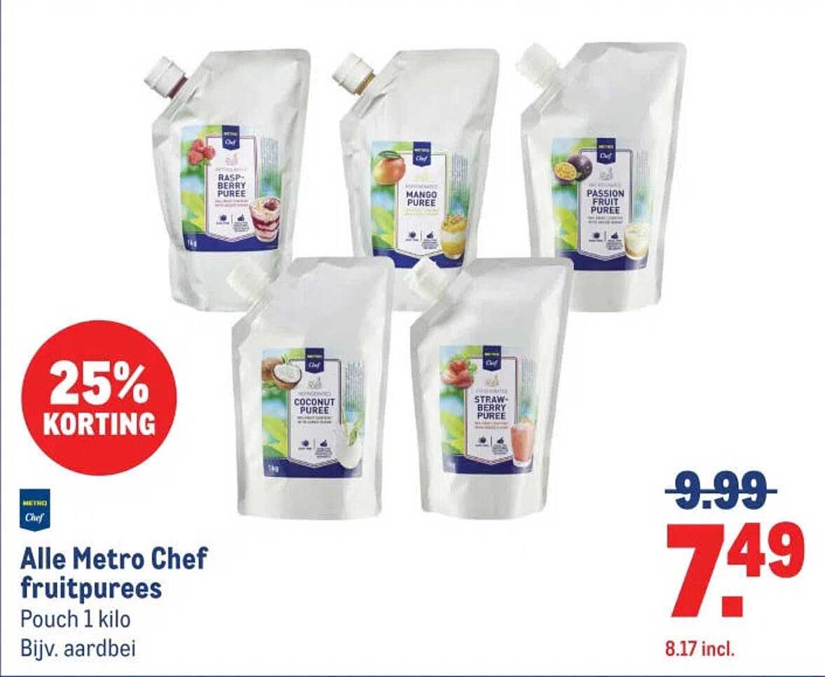 Alle Metro Chef fruitpurees Pouch 1 kilo Bijv. aardbei 25% korting