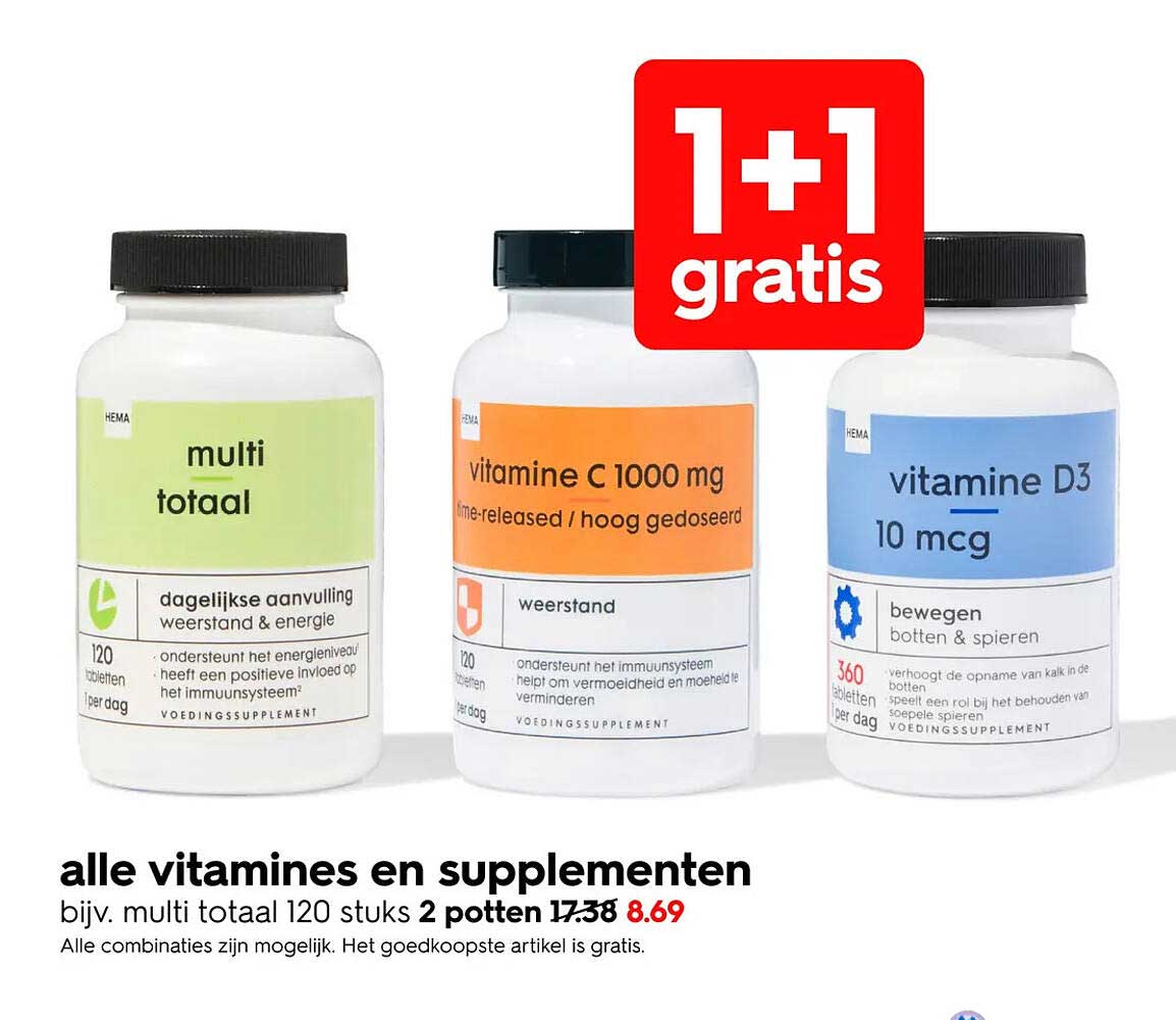 alle vitamines en supplementen 1+1 gratis