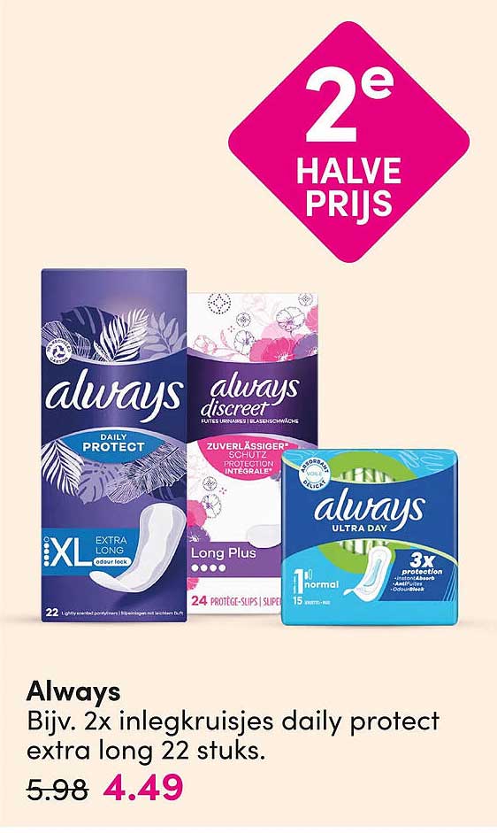 Always Bijv. 2x inlegkruisjes daily protect extra long 22 stuks. 2e halve prijs