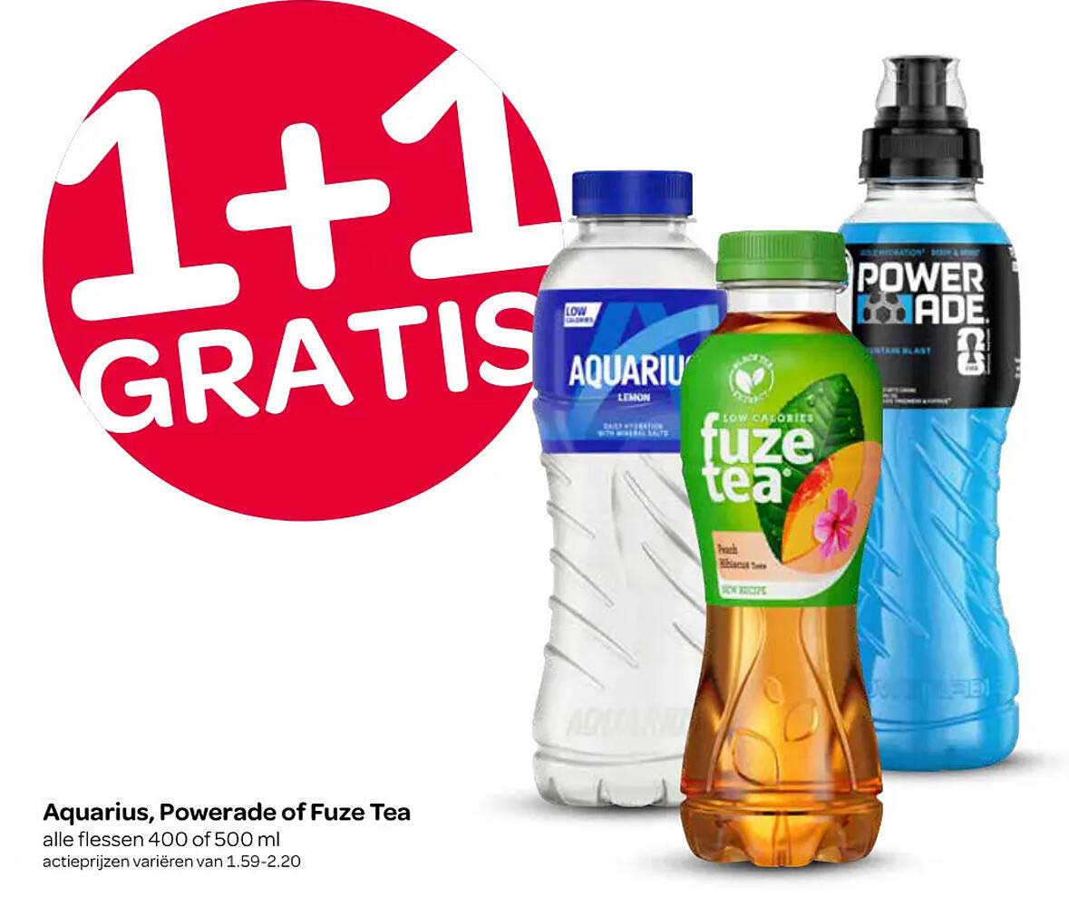 Aquarius, Powerade of Fuze Tea alle flessen 400 of 500 ml 1+1 GRATIS