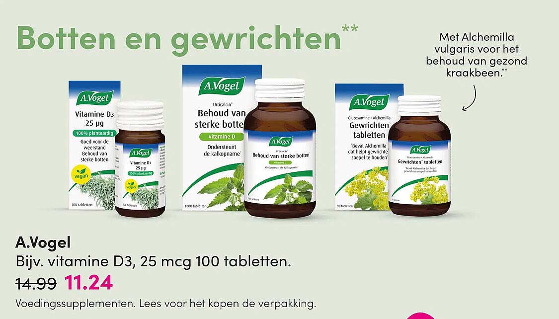 A.Vogel Bijv. vitamine D3, 25 mcg 100 tabletten.