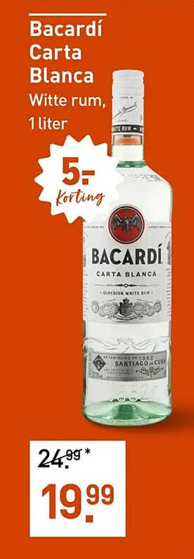 Bacardi Carta Blanca Witte rum, 1 liter