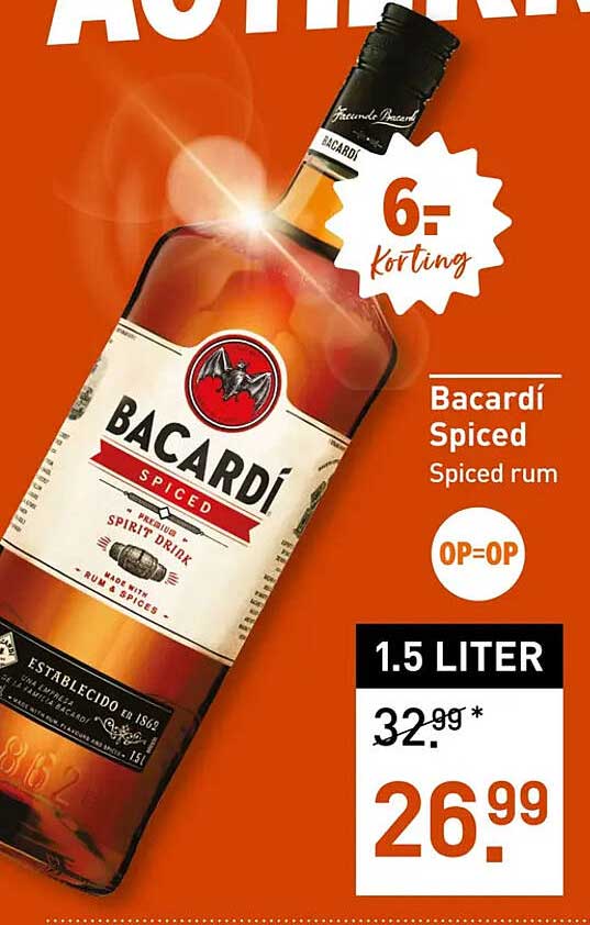 Bacardí Spiced Spiced rum 6,- korting OP=OP