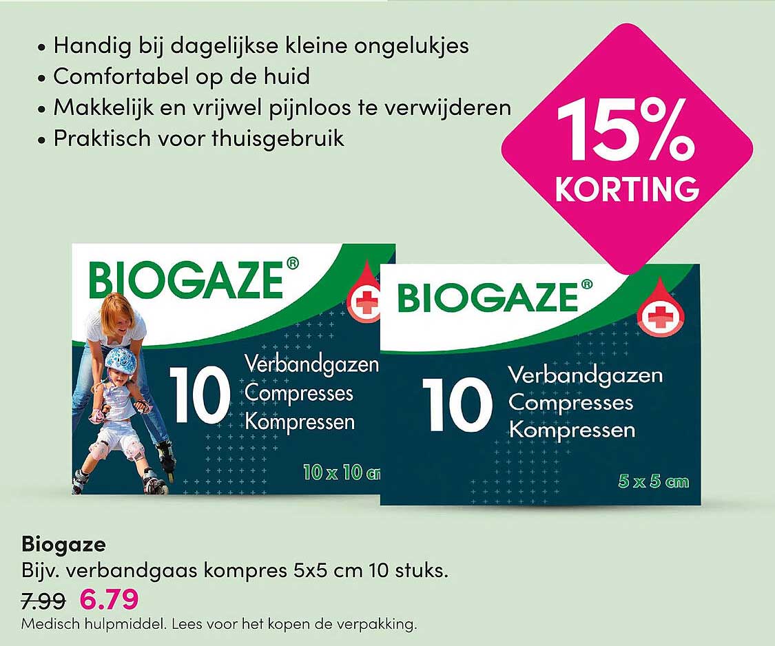 Biogaze Bijv. verbandgasp kompres 5x5 cm 10 stuks. 15% KORTING