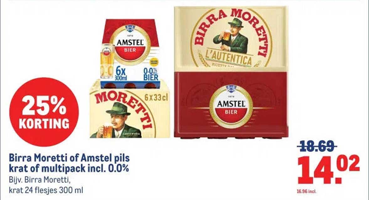 Birra Moretti of Amstel pils krat of multipack incl. 0.0% 25% KORTING