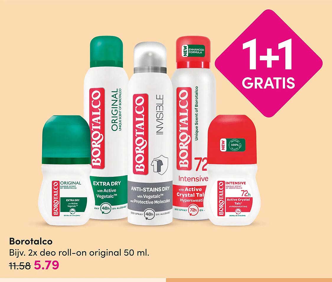 Borotalco Bijv. 2x deo roll-on original 50 ml. 1+1 gratis