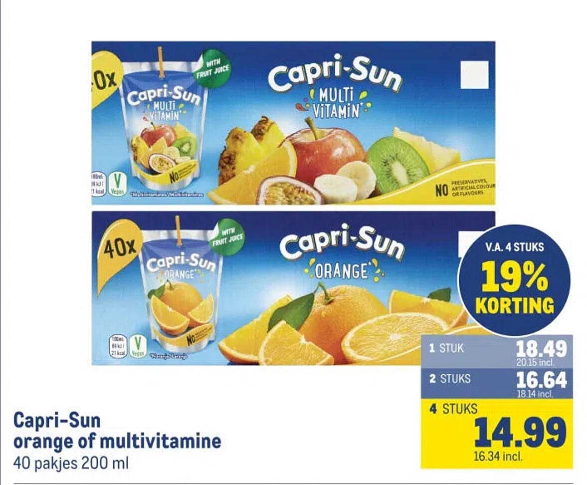 Capri-Sun orange of multivitamine 40 pakjes 200 ml V.A. 4 STUKS 19% KORTING