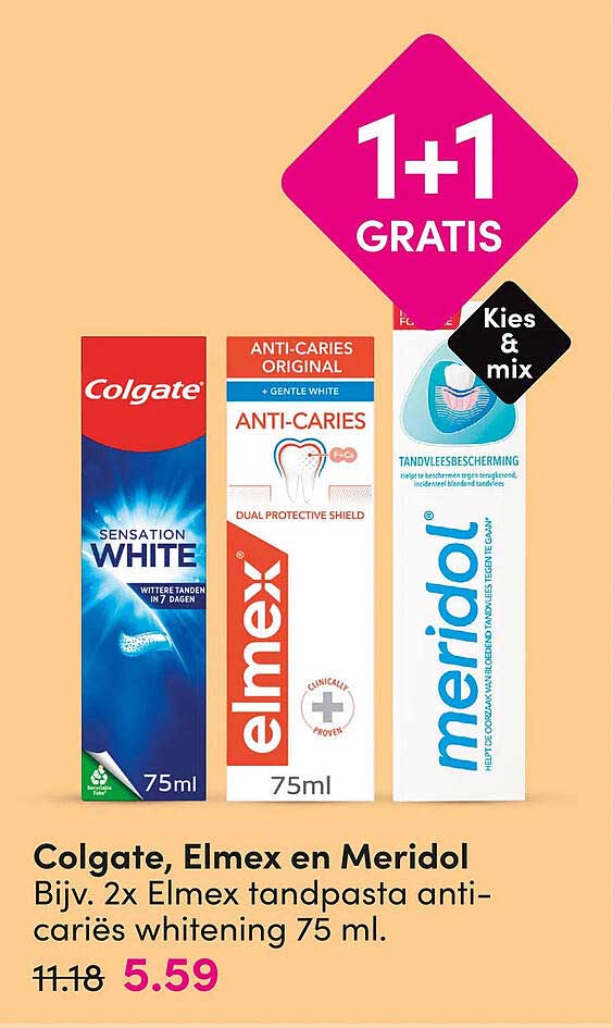 Colgate, Elmex en Meridol Bijv. 2x Elmex tandpasta anti-cariës whitening 75 ml. 1+1 GRATIS