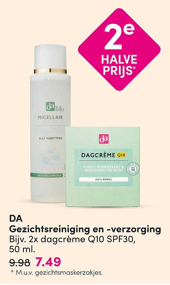 DA Gezichtsreiniging en -verzorging Bijv. 2x dagcrème Q10 SPF30, 50 ml. 2e halve prijs