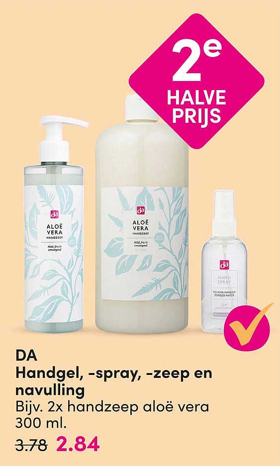DA Handgel, -spray, -zeep en navulling 2e halve prijs