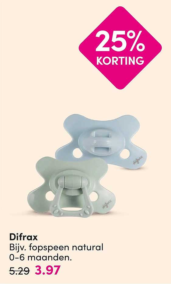 Difrax Bijv. fopspeen natural 0-6 maanden. 25% KORTING