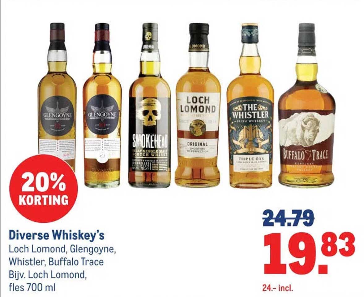 Diverse Whiskey’s Loch Lomond, Glengoyne, Whistler, Buffalo Trace Bijv. Loch Lomond, fles 700 ml 20% korting