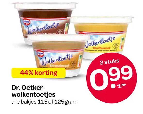 Dr. Oetker wolkentoetjes alle bakjes 115 of 125 gram 44% korting