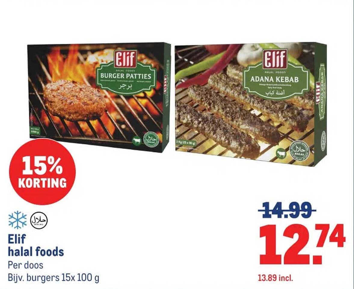 Elif halal foods Per doos Bijv. burgers 15x 100 g 15% KORTING
