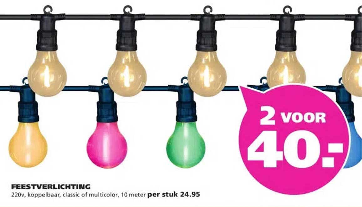 FEESTVERLICHTING 220v, koppelbaar, classic of multicolor, 10 meter per stuk 24.95 2 voor 40-