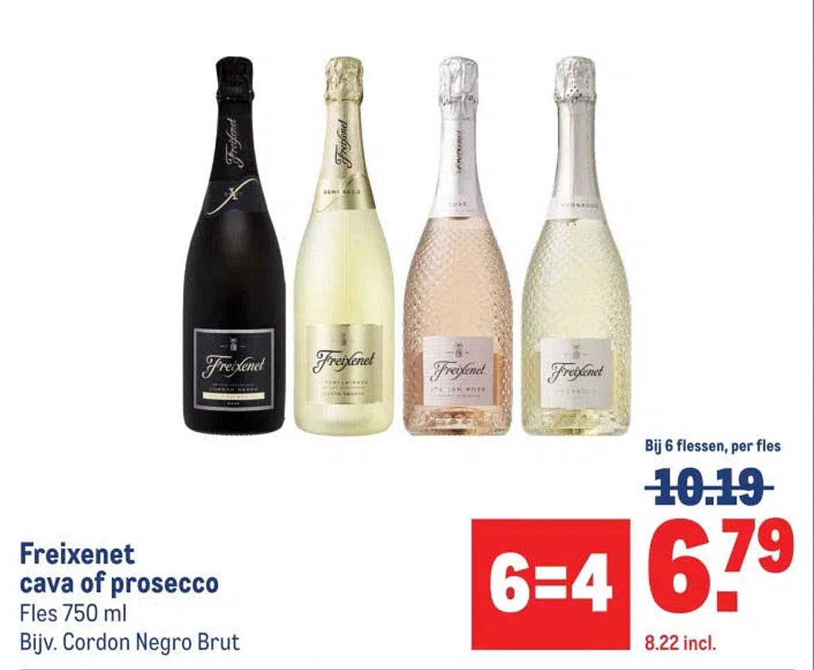 Freixenet cava of prosecco Fles 750 ml Bijv. Cordon Negro Brut 6=4