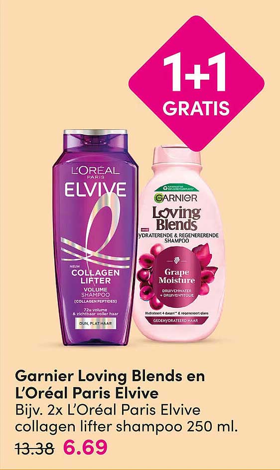 Garnier Loving Blends en L’Oréal Paris Elvive Bijv. 2x L’Oréal Paris Elvive collagen lifter shampoo 250 ml. 1+1 GRATIS