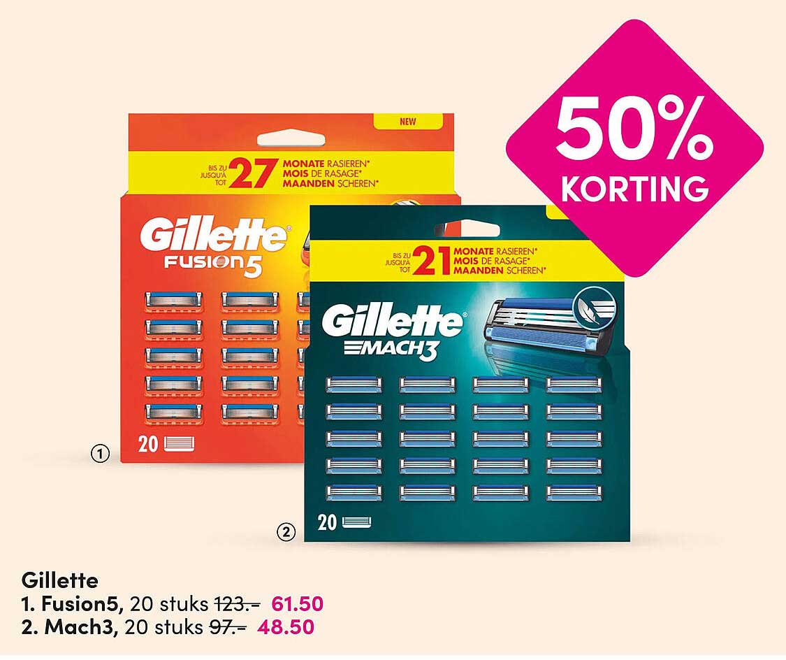 Gillette 1. Fusion5, 20 stuks 2. Mach3, 20 stuks 50% KORTING