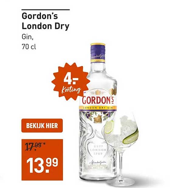 Gordon’s London Dry Gin, 70 cl 4,- korting