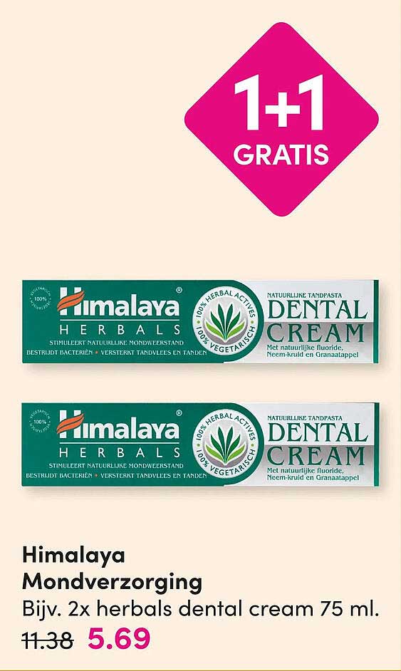 Himalaya Mondverzorging Bijv. 2x herbals dental cream 75 ml. 1+1 gratis